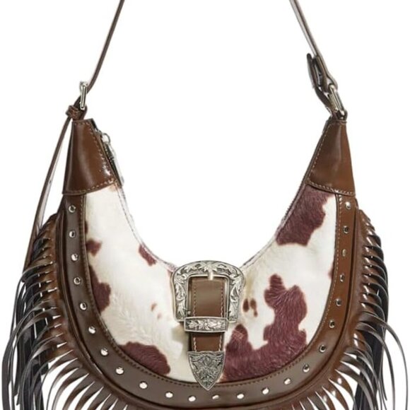 Women's Boho Leather Shoulder Bag Fringe Tassel Zipper Underarm Handbag